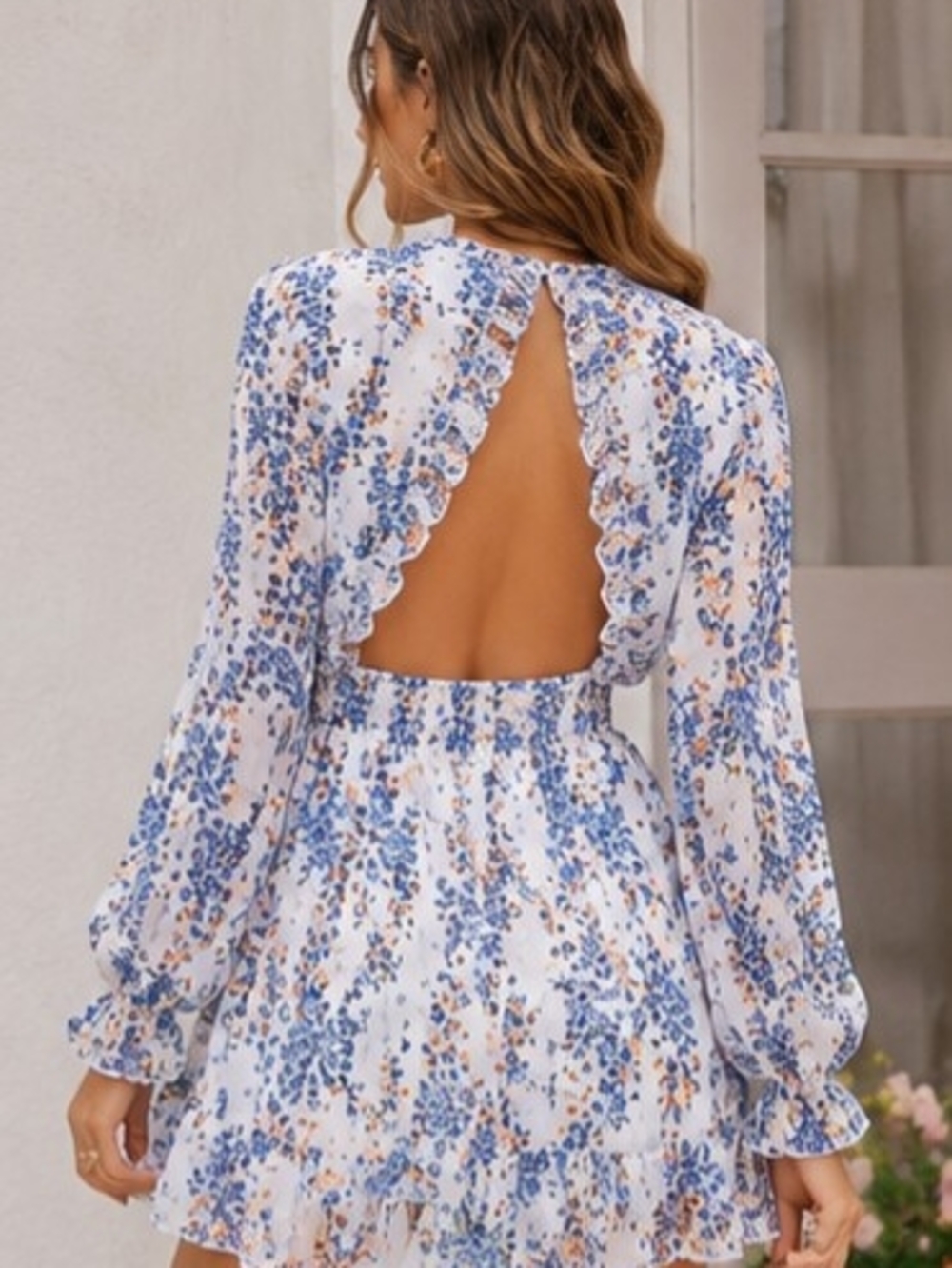 Romantic Blue Floral Ruffle Mini Dress | Open Back Cottagecore